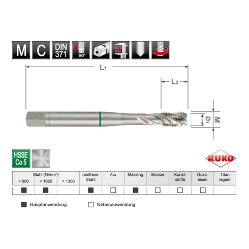 Tarauds Machine Ruko M DIN 371 HSS Co 5, Forme C / 35° RSP 3 Tarauds Machine Ruko M DIN 371 HSS Co 5, Forme C / 35° RSP